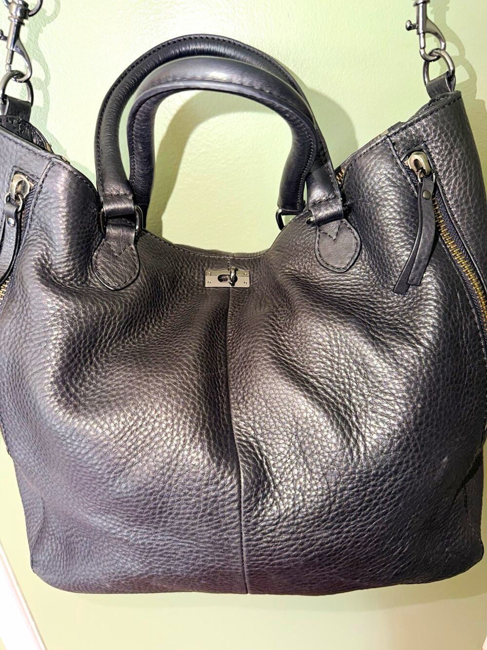 LARGE J.CREW Black Pebbled Satchel Top Handle Zip Bag Detachable Crossbody Strap